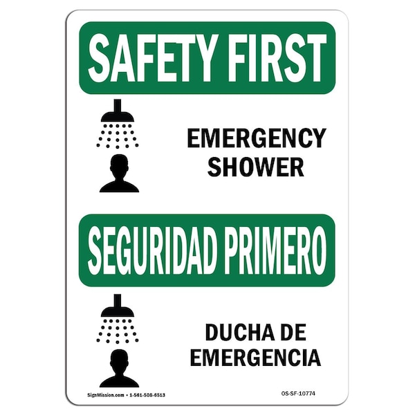 Safety Sign, OSHA SAFETY FIRST, 3.5" Height, Emergency Shower Bilingual, Landscape, 10PK